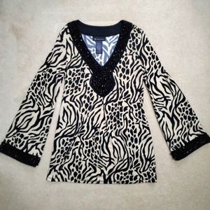 INC International Concepts animal print beaded tunic top shirt black beige S